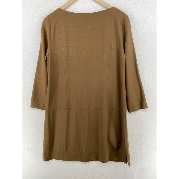 EILEEN FISHER Dress XS Shift Tencel Viscose Scoop Neck Long Sleeve Brown - Picture 14 of 16